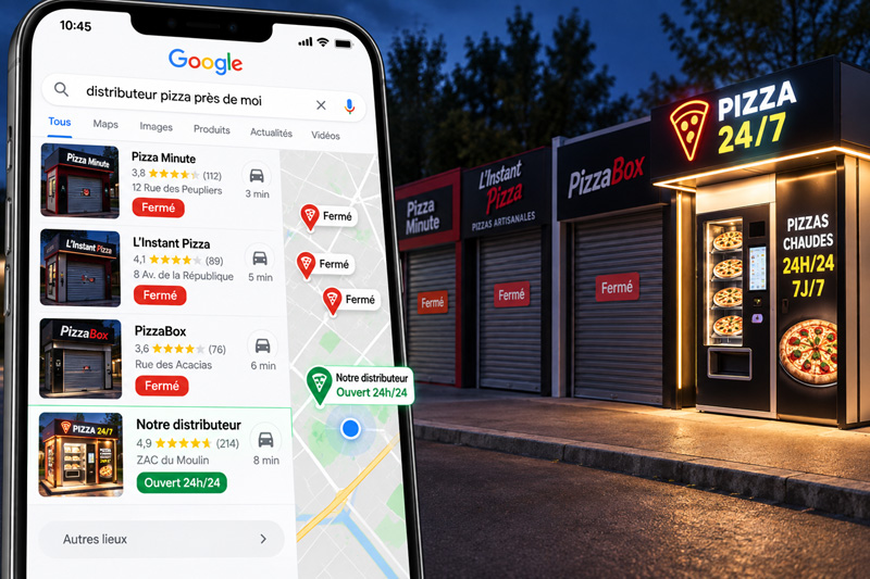 Recherche Google « distributeur pizza près de moi » affichant plusieurs concurrents marqués « Fermé », alors que le distributeur du client reste « Ouvert 24h/24 »