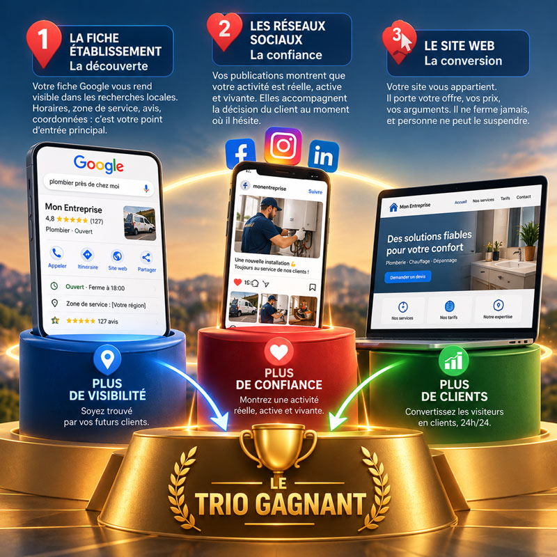 Schéma du Trio Gagnant : fiche établissement (découverte), réseaux sociaux (confiance), site web (conversion)